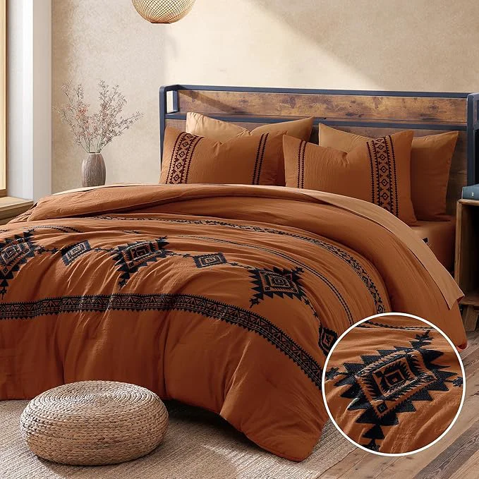 Contemporary MaiRêve Embroidery Oversized King Size Comforter Set Burnt Orange Boho Farmhouse Western Bedding Set 7 Pieces All Season Bed in A Bag Comforter Set with Sheets Pillowcases amp Shams Minimalist