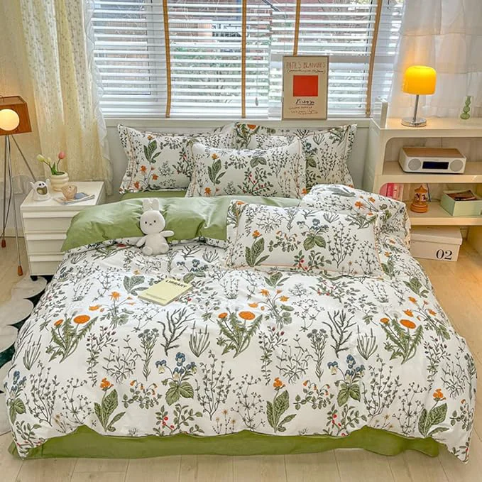 Verified CLOTHKNOW Green White Floral Queen Comforter Set Farmhouse Bedding Comforter Sets Botanical Comforter with 2 x Pillow Cases Fashionable