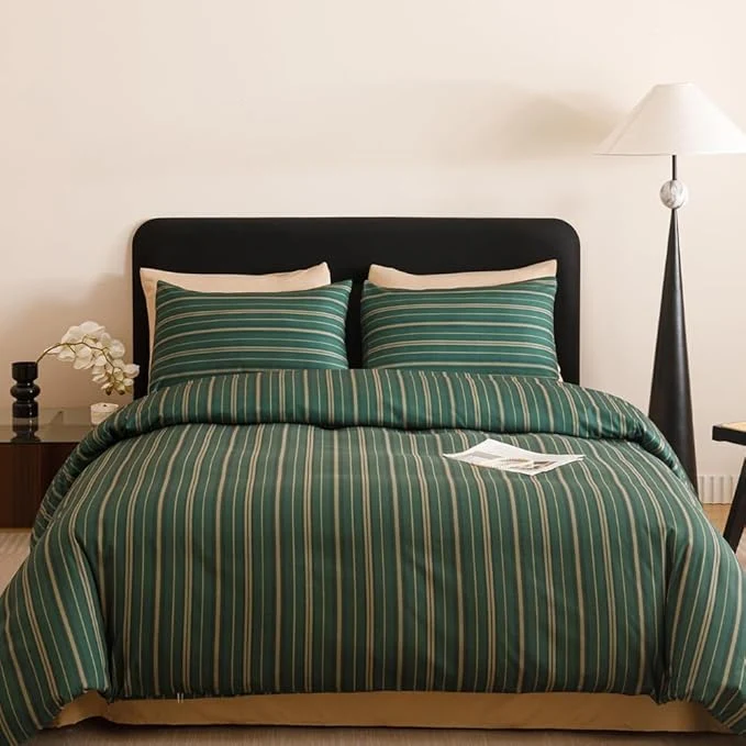 Certified CLOTHKNOW Striped Comforter Set California King Green Bedding Comforter Sets Farmhouse Soft Ticking Comforter with 2 x Pillow Cases Selected