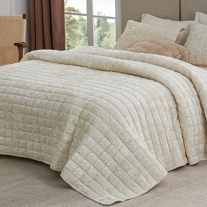 Secure BEDELITE Velvet Quilt Set Queen Size – Luxury Velvet Comforter Bedding Set 3 Pieces Lightweight Soft Cozy Shiny Cream White Oversized Bedspread Coverlet for All Seasons with 2 Pillow Shams