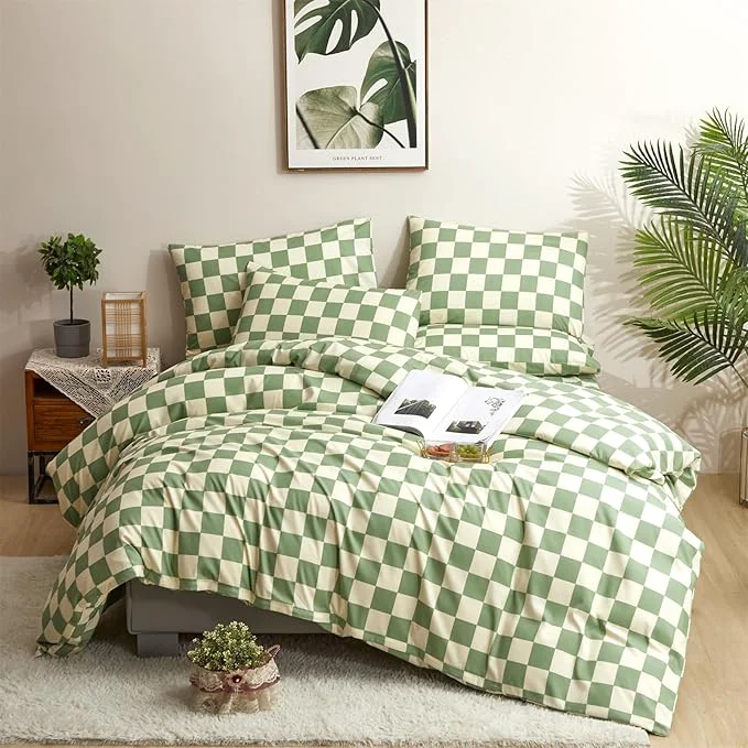 Minimalist CLOTHKNOW Green White Plaid Twin Twin XL Comforter Set 3Pcs Grid Bedding Comforter Sets Buffalo Checnker Comforter Soft Green White Comforter Sets Smart