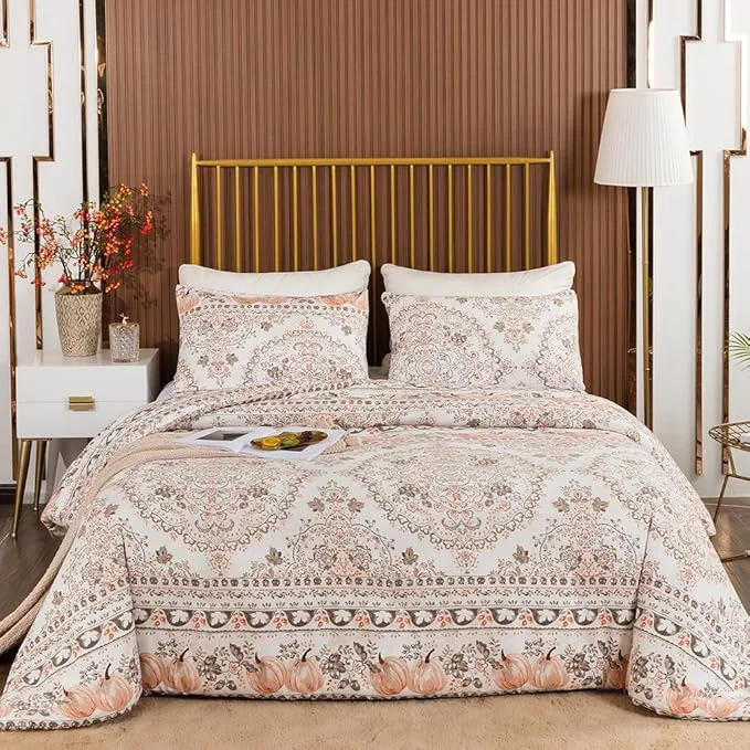 Prestigious CLOTHKNOW Light Brown Floral Queen Comforter Set Botanical Bedding Comforter Sets Boho Comforter Pumpkin Comforter Queen with 2 x Pillow Cases Long-Lasting