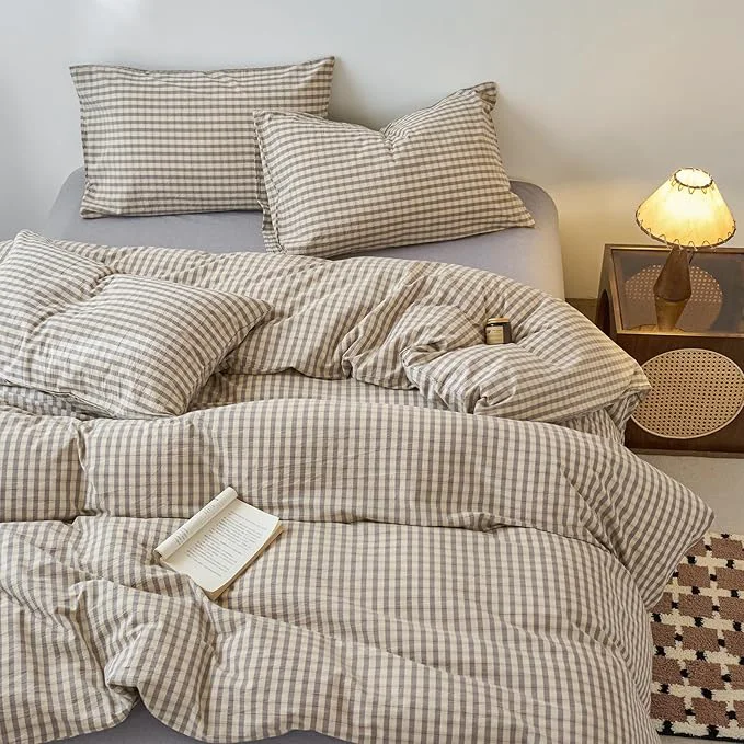 Dependable LifeTB Grey Gingham Duvet Cover Twin XL Washed Cotton Grey Beige Plaid Duvet Cover 3 Pieces Grid Checkered Comforter Cover with Zipper Closure Breathable Soft Gingham Plaid Bedding Set Selected