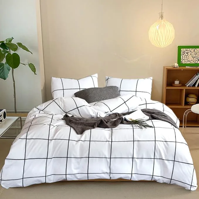 Safe CLOTHKNOW White Plaid Twin Twin XL Comforter Set Grid Bedding Comforter Sets White Black Comforter with 2 x Pillow Cases Authentic