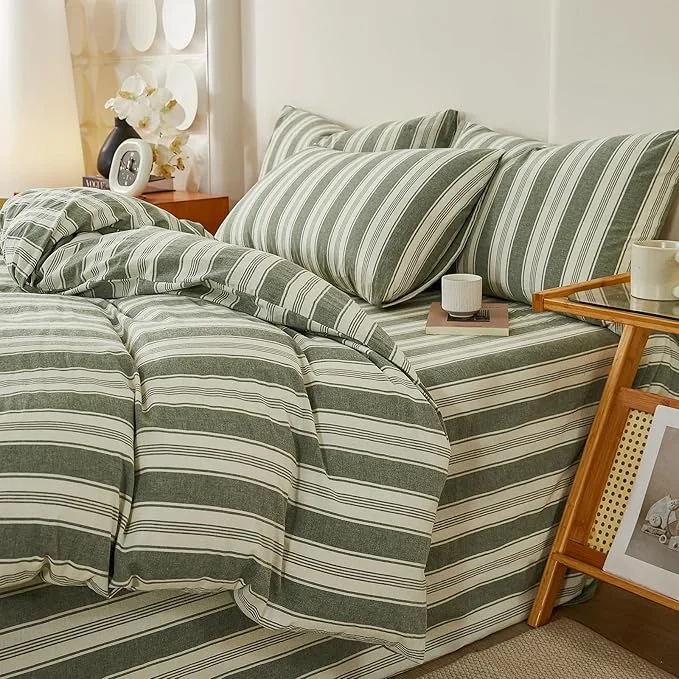 Traditional Vintage Striped Duvet Cover Set King 3 Piece Green White Stripes Pattern Printed Comforter Cover Washed Cotton Striped Bedding Set Geometric Soft Breathable Duvet Cover with 2 Pillowcases Innovative