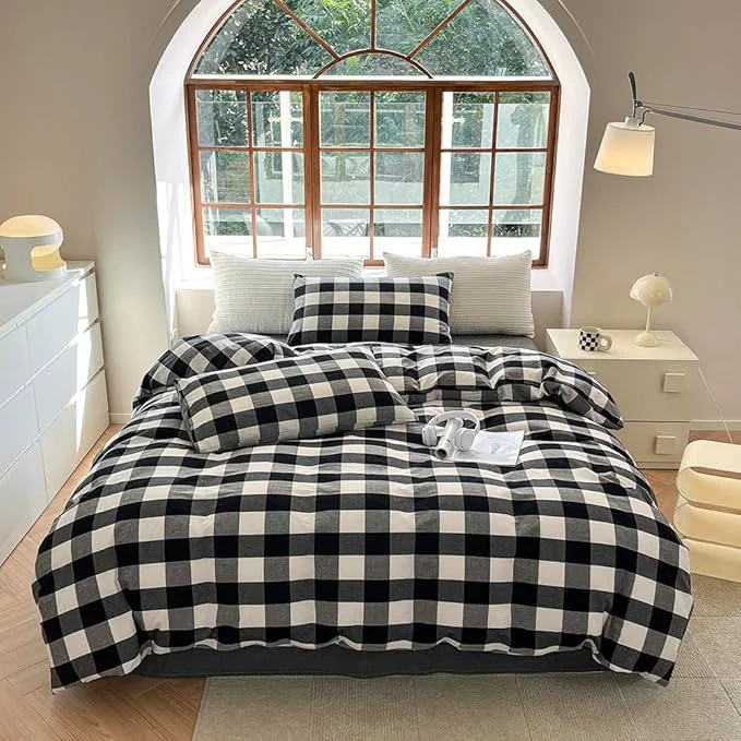 Expertly Made FACE TWO FACE Bedding Duvet Cover Set Washed Cotton Duvet Cover Linen Like Textured Breathable Durable Soft Comfy Full Black and White Grid Reusable