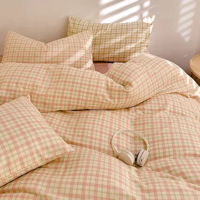World-Class Pink Plaid Duvet Cover Set Twin XL Cotton Muslin Gingham Duvet Cover Pink Green Grid Checkered Plaid Bedding Set Linen Like Gauze Breathable Soft Comforter Cover Farmhouse Gingham Bedding Set User-Friendly