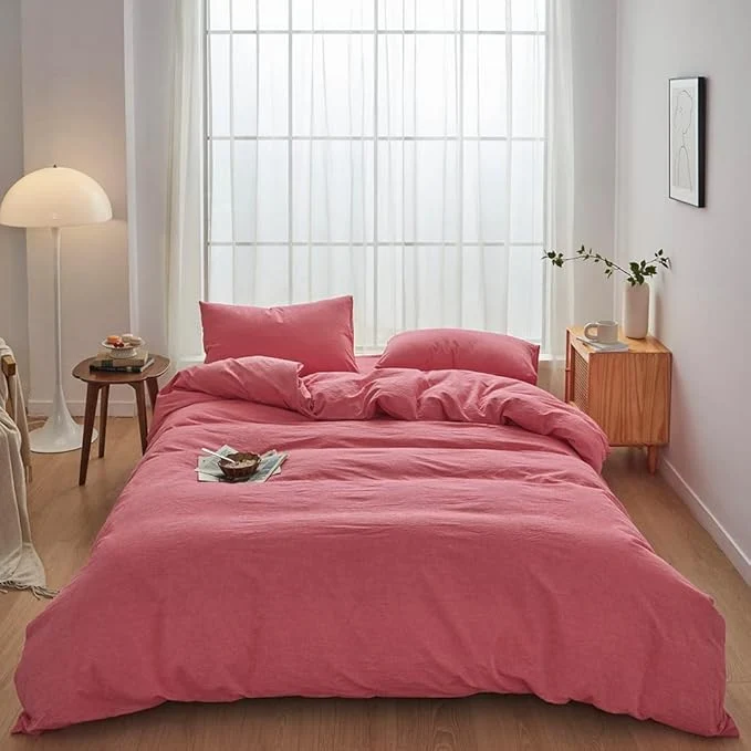 Reliable FACE TWO FACE Bedding Duvet Cover Set Washed Cotton Duvet Cover Linen Like Textured Breathable Durable Soft Comfy Queen Red Unique