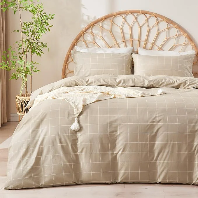 Classic JELLYMONI Natural Cotton 2pcs Plaid Duvet Cover Sets Checkered Twin Comforter Cover 1 Duvet Cover and 1 Pillow Case with Zipper Closure amp Corner Ties Khaki Smart