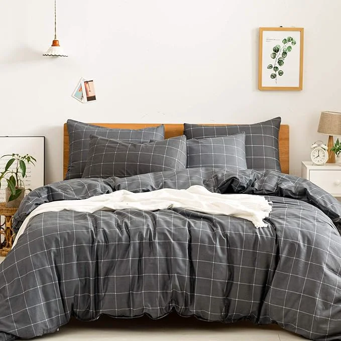 World-Class JELLYMONI Natural Cotton 2pcs Plaid Duvet Cover Sets Black with White Grid Geometric Pattern Printed Comforter Cover with Zipper Closure amp Corner Ties Twin Size Effective
