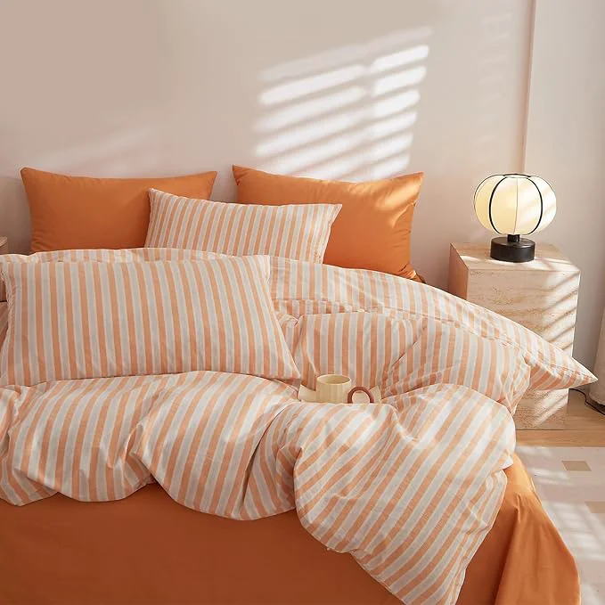 Certified LifeTB Orange Striped Duvet Cover Set King Size Washed Cotton White Orange Stripes Pattern Printed Comforter Cover 3 Pieces Soft Breathable Duvet Cover Farmhouse Striped Bedding Set King Convenient