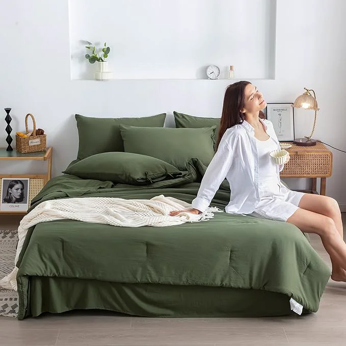 Classic COTTEBED Ultra-Soft Twin Comforter Set with Sheets – 5 Pieces Bed in a Bag Twin Down Comforter amp Bedding Sheet Sets Lightweight Boho Washed Polycotton for Kids Boy Girls All Season Dark Olive Green Original Design