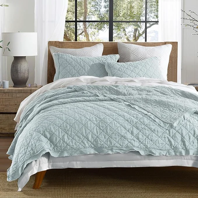First-Class HORIMOTE HOME Linen Front Cotton Back Quilt Set Queen Size Paleturquoise Pre-Washed European Flax Linen Quilt Diamond Stitch Bedspread Coverlet Bedding Set 3-Piece for All Seasons Comfortable