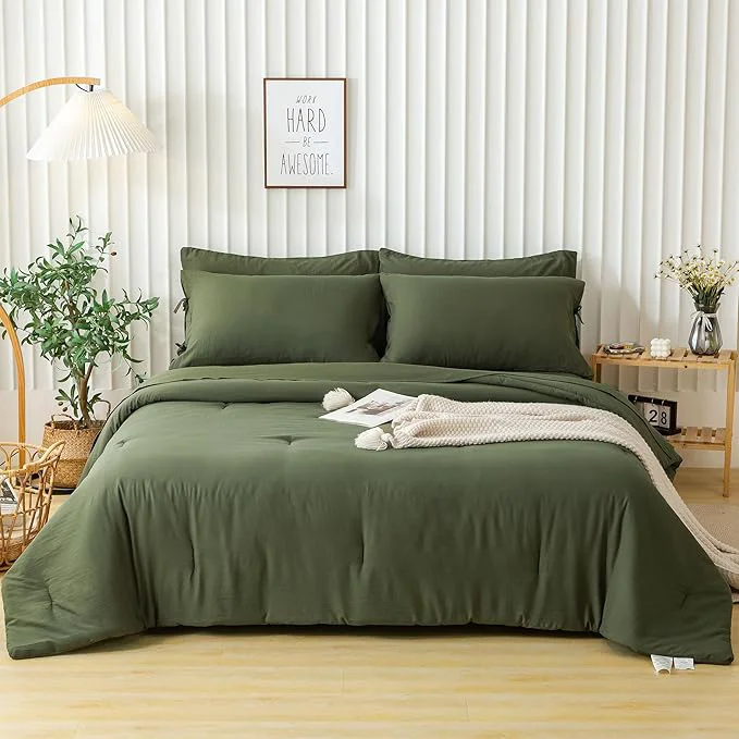 Luxury COTTEBED Ultra-Soft Bed Sets Queen with Comforter and Sheets – All Season Use 7 Pieces Bed in a Bag Aesthetic Boho Washed PolyCotton QUEEN Comforter and Bedding Sheet Set Pillowcase Dark Olive Green Enhanced