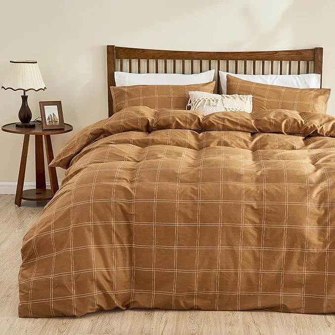 Detailed JELLYMONI Natural Cotton Twin Duvet Cover Set 2pcs Plaid Duvet Cover Sets with Zipper Closure Grid Geometric Pattern Comforter Cover Rust High-Quality