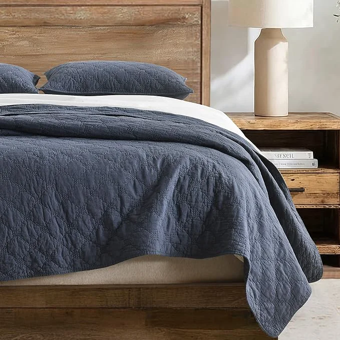 Consistent HORIMOTE HOME 55 Linen Front Cotton Back Quilt Set King Size Steel Blue Pre-Washed Cotton Linen Quilt Set Geometric Stitched Pattern Bedspread Coverlet Bedding Set 3-Piece for All Seasons Soft