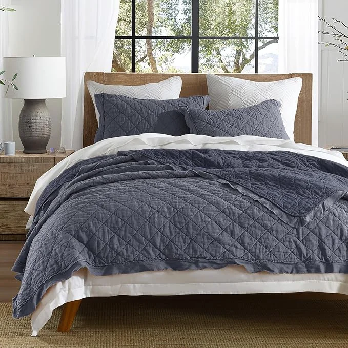 Fine HORIMOTE HOME Linen Front Cotton Back Quilt Set King Size Steel Blue Pre-Washed European Flax Linen Quilt Diamond Stitch Bedspread Coverlet Bedding Set 3-Piece for All Seasons Elegant