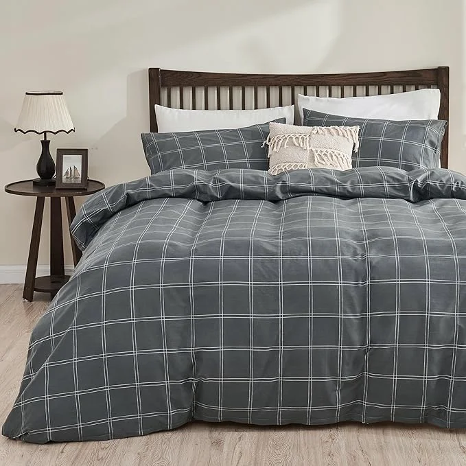 Exceptional JELLYMONI Natural Cotton Twin Duvet Cover Set 2pcs Plaid Duvet Cover Sets with Zipper Closure Grid Geometric Pattern Comforter Cover Dark Grey Innovative
