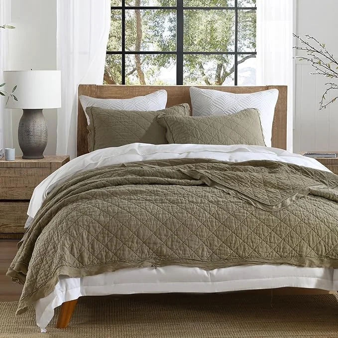 Superior HORIMOTE HOME Linen Front Cotton Back Quilt Set King Size Olive Green Pre-Washed European Flax Linen Quilt Diamond Stitch Bedspread Coverlet Bedding Set 3-Piece for All Seasons Luxury