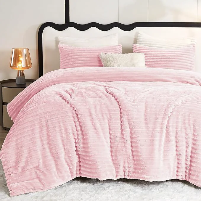 Premium Material CozyLux Fluffy King Size Comforter Set – Super Soft Faux Fur Pink Comforter King Size Winter Warm Fleece Bedding Set 3 Pieces Plush Fuzzy Bed Set 1 Shaggy Comforter 2 Pillowcases Versatile