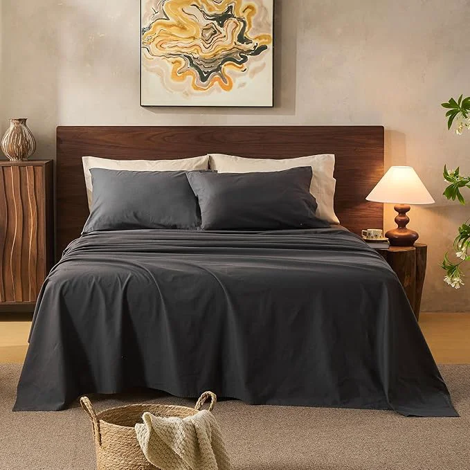 First-Class Linen Sheets King Size Breathable amp Durable 4-Piece Bed Flax Sheet Set Soft All-Season Bedding for Hot Sleepers 16 quot Deep Pocket Oeko-TEX （King Dark Grey） Contemporary