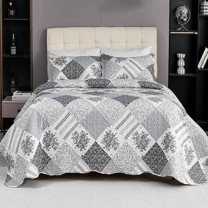 Versatile Cmfshape Summer Floral Queen Bedspread Romantic Grey Quilt Set Full Reversible Stitched Bedding Set All Season Soft Lightweight Coverlet with Pillow Cases Dark Grey Queen90 x90 Original Design