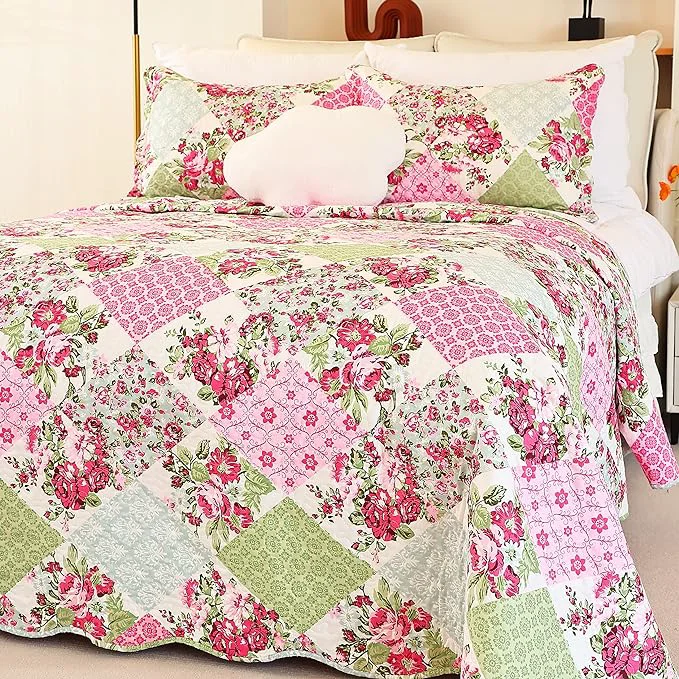 Elegant Cmfshape Summer Floral King Quilted Bedspread Romantic Pink Quilt Set Reversible Stitched Bedding Set All Season Soft Lightweight Coverlet with Pillow Cases Pink amp Green King102 x90 Pure