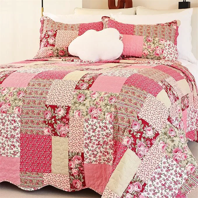 Convenient Cmfshape Summer Floral California King Bedspread Romantic Pink Quilt Set King Reversible Stitched Bedding Set All Season Soft Lightweight Coverlet with Pillow Cases Hot Pink amp Rose King106 x96 Dependable