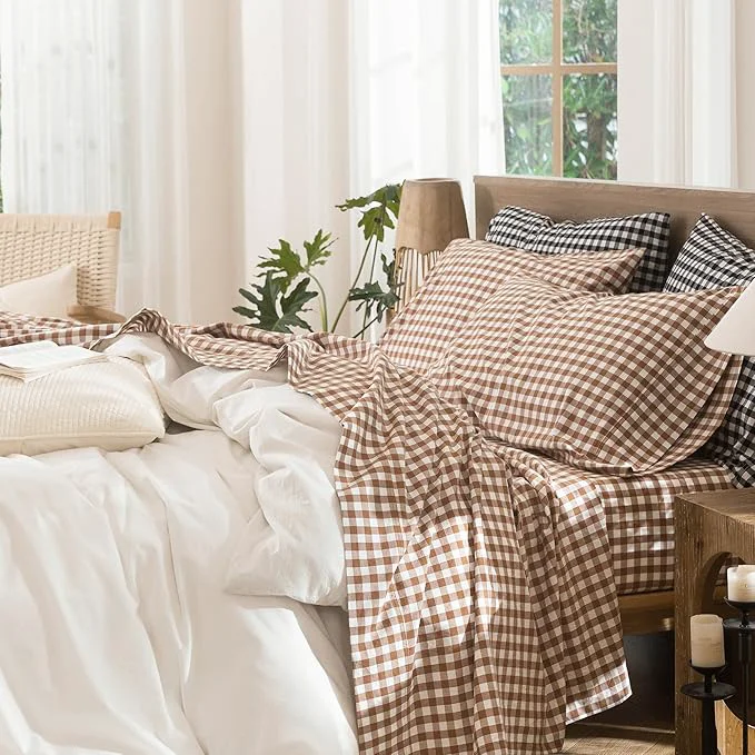 Elite MooMee Gingham Sheet Set Washed Cotton Linen Like Textured Breathable Soft w Fully Elasticized 16-19 quot Deep Pocket Classic Gingham Dark Orange King Casual
