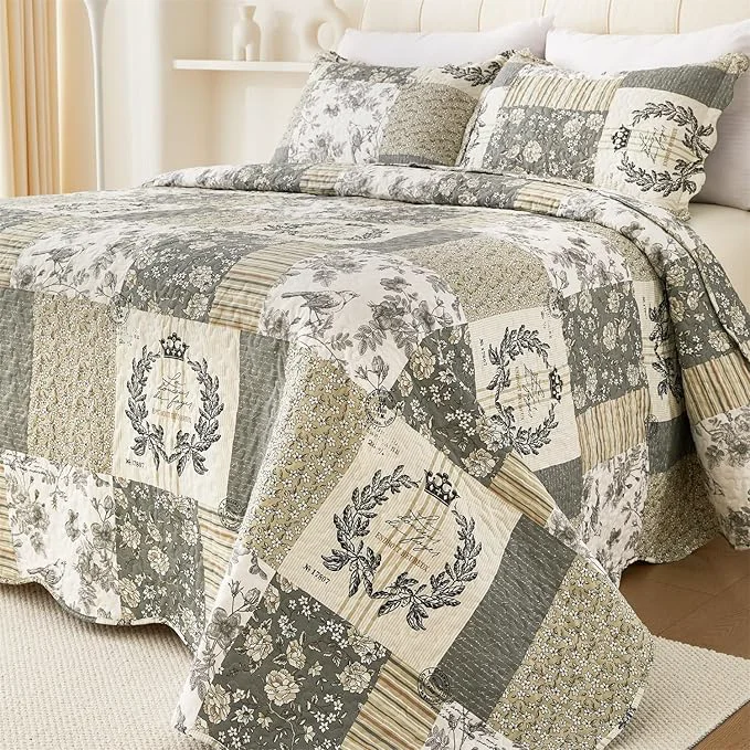 Excellent Cmfshape Floral Quilt Queen 3-Pcs Bird Pattern Queen Set Lightweight Bedspread for Size Bed Grey Plaid Farmhouse Reversible Bed All Season Country Quilted Blanket Grey amp White Queen90 x90 Smooth