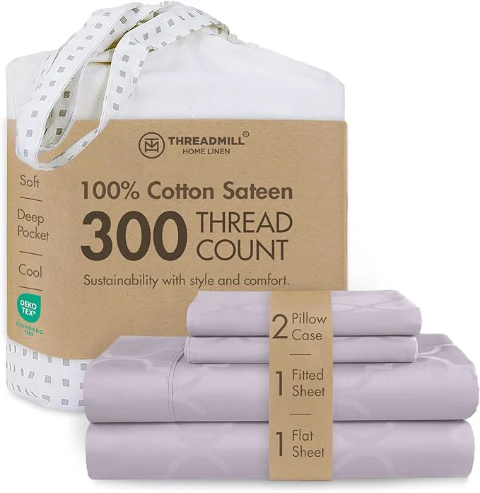 Proven Threadmill Cotton Full Size Sheet Set Cotton Sheets for Full Size Bed Damask Jacquard Full Bed Sheets Set with 16 Deep Pocket Soft Sateen Weave 4-Piece Cooling Bedding Set Lilac Specialty