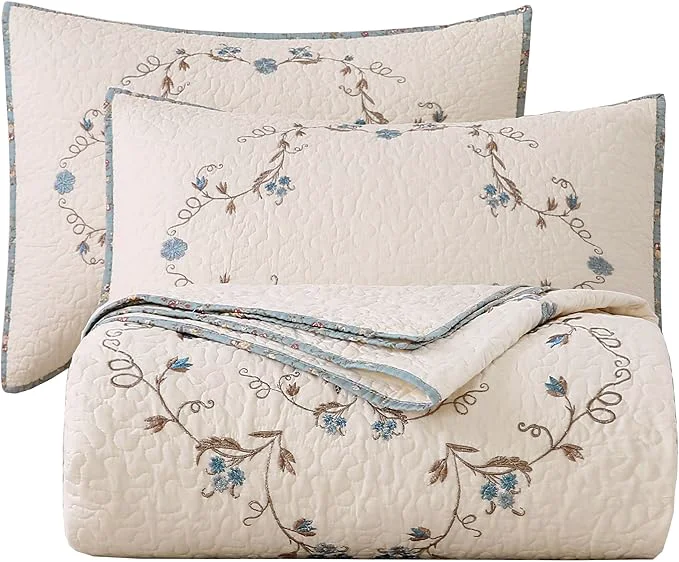 High-Performance vctops 3-Piece Cotton Bedspread Coverlet Set Twin Size Elegant Floral Embroidered Reversible Patchwork 1 Quilt and 2 Pillow Shams Flower B Twin Expertly Made