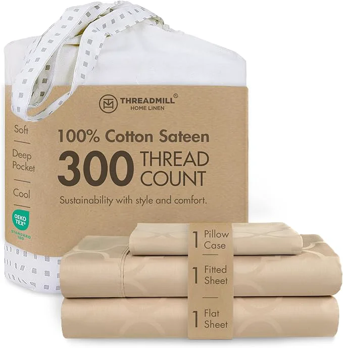Classic Threadmill Cotton Twin XL Sheet Set Cotton Sheets for Twin XL Size Bed Damask Jacquard Sateen Twin XL Bed Sheets Set with 16 Deep Pocket Soft Breathable 3-Piece Cooling Sheets Beige Fashionable