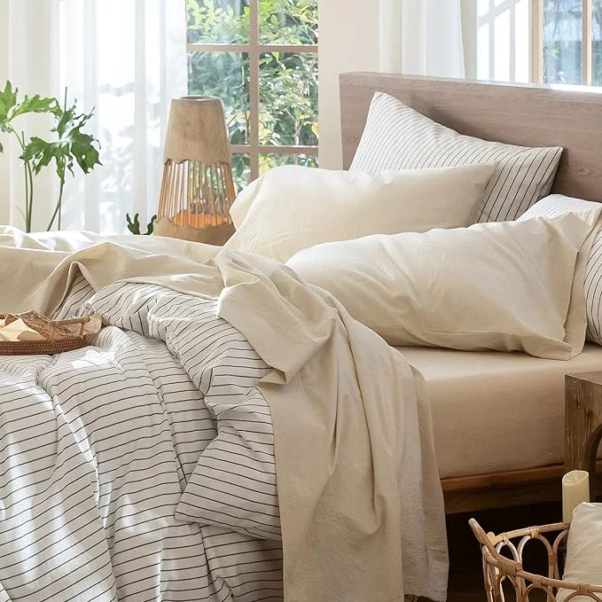 Premium Material MooMee Bedding Sheet Set Washed Cotton Linen Like Textured Breathable Durable Soft Comfy Heathered Almond Milk Grey Twin Functional