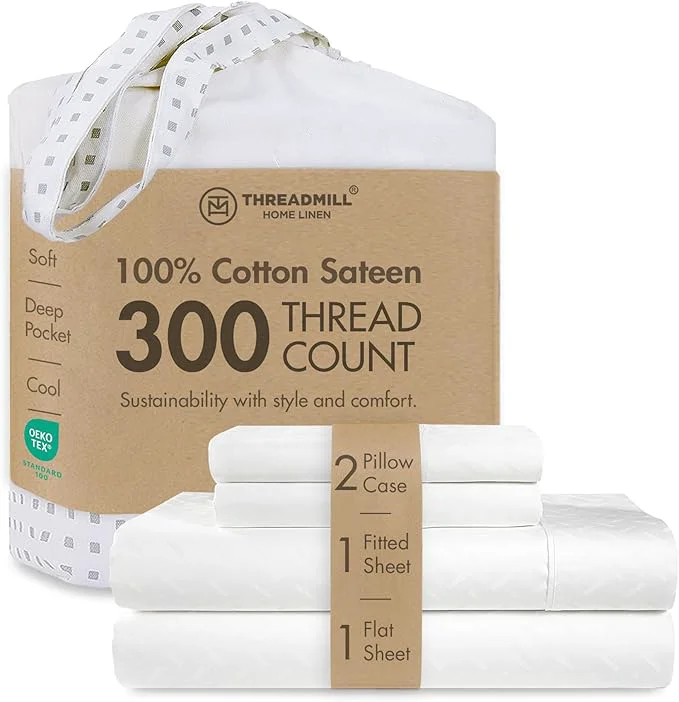 Excellent Threadmill Cotton Sheets for King Size Bed 4 Pc King Bed Sheets Set Soft Breathable Lightweight Damask Sateen for All-Season Use Snug Fit Elastic Deep Pocket King Sheets White Unique