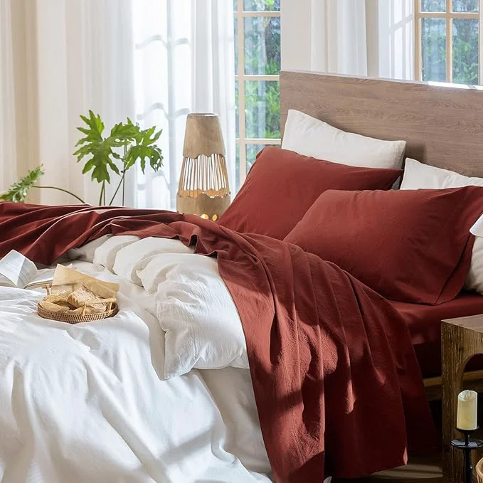Effective MooMee Bedding Sheet Set Washed Cotton Linen Like Textured Breathable Durable Soft Comfy Solid Fired Brick Red King Proven