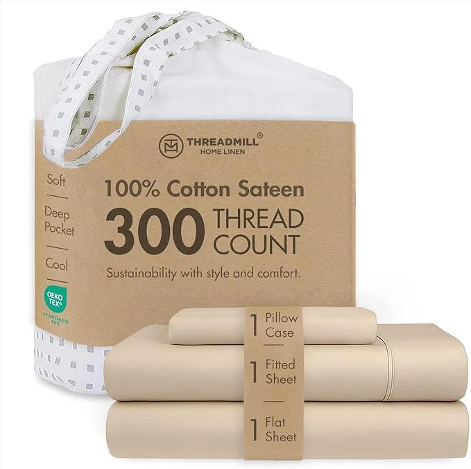 Organic Threadmill Cotton Twin XL Sheet Set Cotton Sheets for Twin XL Size Bed Solid Sateen Twin XL Bed Sheets Set with 16 Deep Pocket Soft Breathable 3-Piece Cooling Sheet Set Beige Dependable