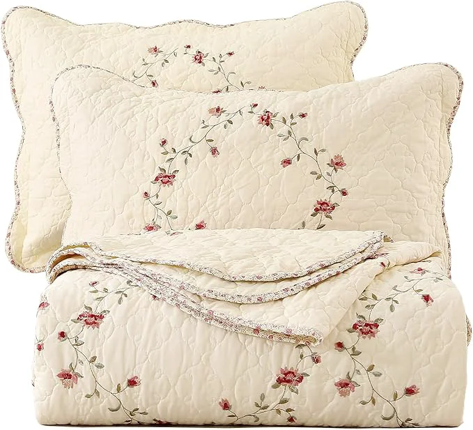 Authentic vctops 3-Piece Floral Embroidered Bedspread Coverlet Set King Size Cotton Reversible Patchwork 1 Quilt and 2 Pillow Shams Flower King Superior