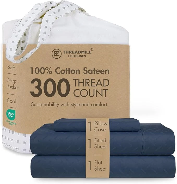 Refined Threadmill Cotton Twin Sheet Set Cotton Sheets for Twin Size Bed Damask Jacquard Sateen Twin Bed Sheets Set with 16 Deep Pocket Soft Breathable 3-Piece Cooling Sheet Set Folkstone Blue Artisan