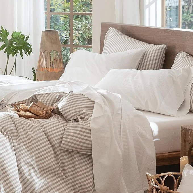 Quality MooMee Bedding Sheet Set Washed Cotton Linen Like Textured Breathable Durable Soft Comfy Solid Off White California King Superior