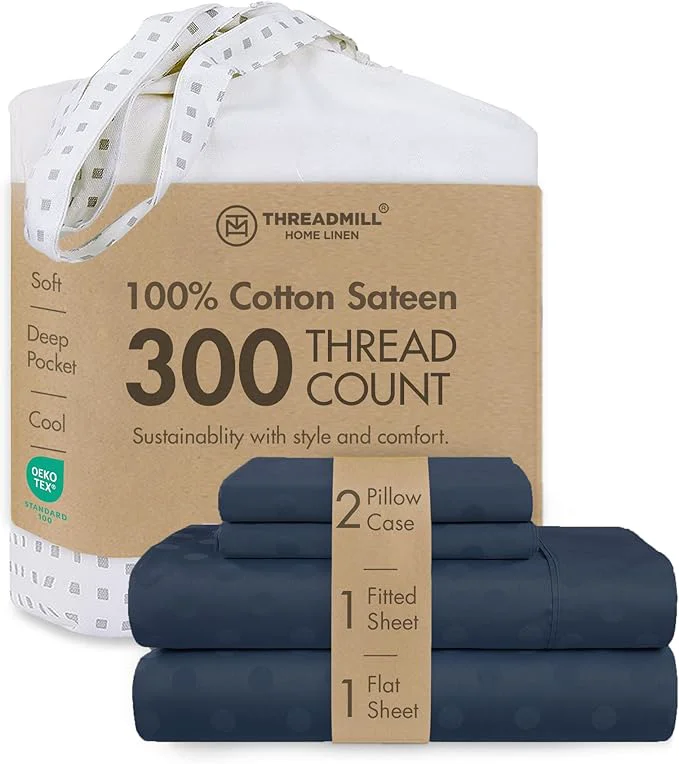 Classic Threadmill Cotton Queen Sheet Set Cotton Sheets for Queen Size Bed Damask Jacquard Queen Bed Sheets Set with 16 Deep Pocket Soft Sateen Weave 4-Piece Cooling Bedding Set Folkstone Blue Sophisticated