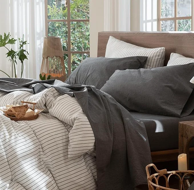 Dependable MooMee Bedding Sheet Set Washed Cotton Linen Like Textured Breathable Durable Soft Comfy Heathered Dark Grey Twin High-Grade