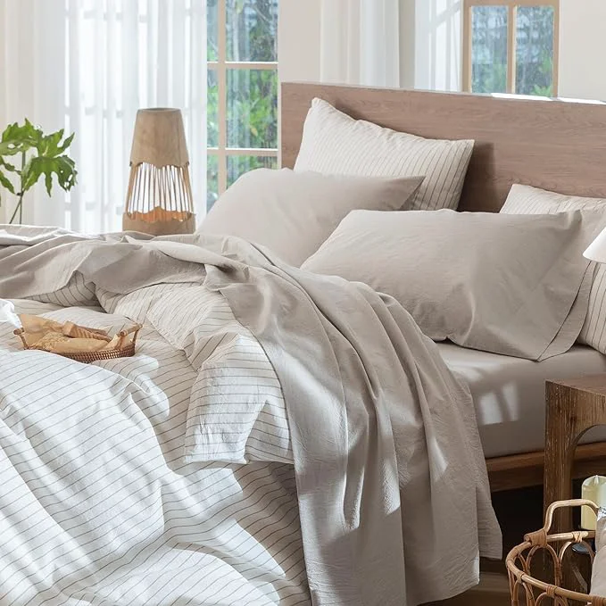 Enhanced MooMee Bedding Sheet Set Washed Cotton Linen Like Textured Breathable Durable Soft Comfy Solid Light Tan Queen Authentic