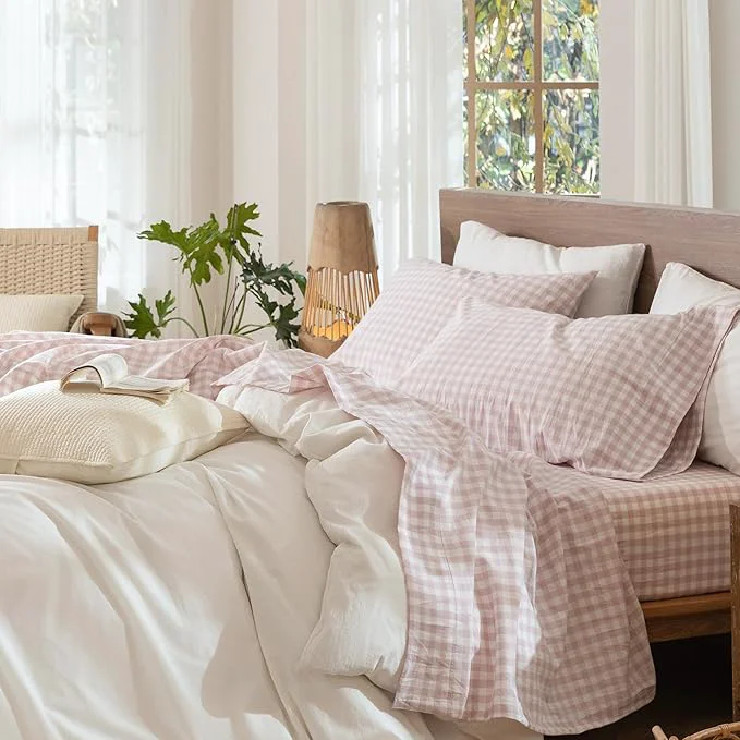 User-Friendly MooMee Gingham Sheet Set Washed Cotton Linen Like Textured Breathable Soft w Fully Elasticized 16-19 quot Deep Pocket Classic Gingham Greyish Pink Queen Recyclable