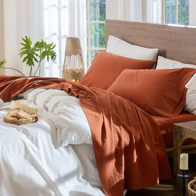 Detailed MooMee Bedding Sheet Set Washed Cotton Linen Like Textured Breathable Durable Soft Comfy Solid Rust Brown Queen Easy-to-Use