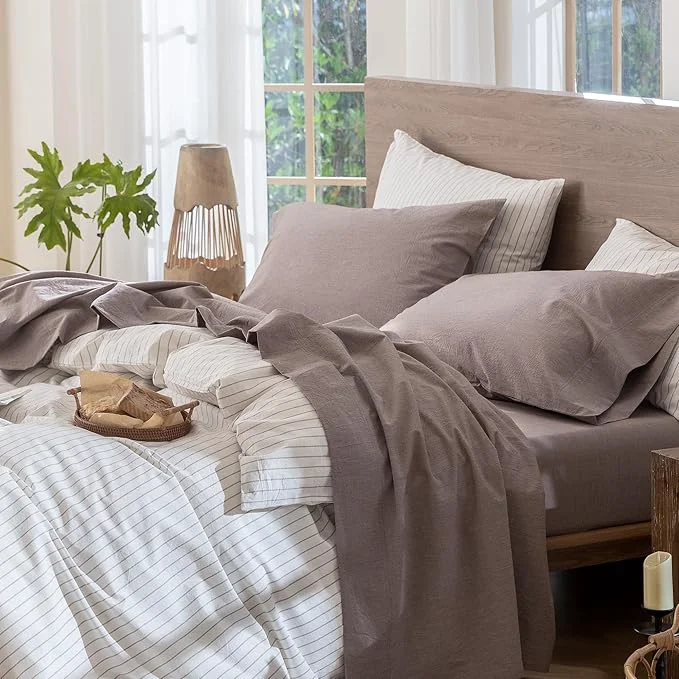 Fine MooMee Bedding Sheet Set Washed Cotton Linen Like Textured Breathable Durable Soft Comfy Heathered Mauve Brown California King Casual