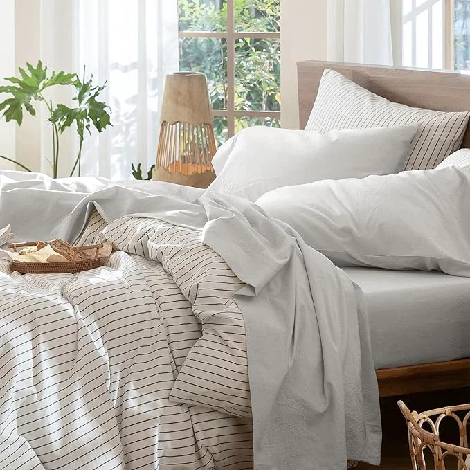 World-Class MooMee Bedding Sheet Set Washed Cotton Linen Like Textured Breathable Durable Soft Comfy Solid Light Blueish Grey Queen Green