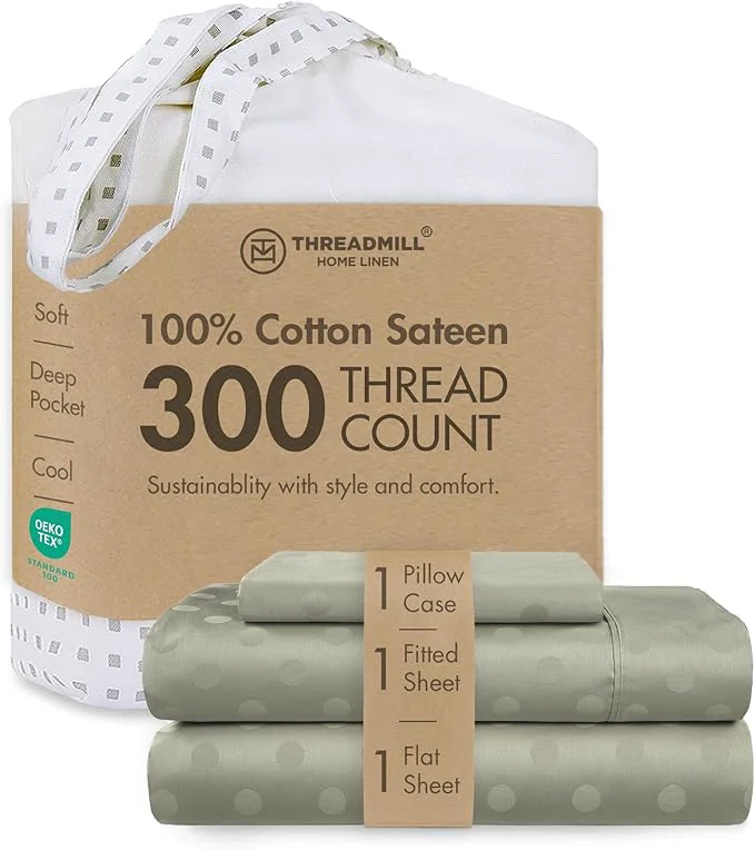 Advanced Threadmill Cotton Twin XL Sheet Set Cotton Sheets for Twin XL Size Bed Damask Jacquard Sateen Twin XL Bed Sheets Set with 16 Deep Pocket Soft Breathable 3 pc Cooling Sheet Set Sage Green Authentic