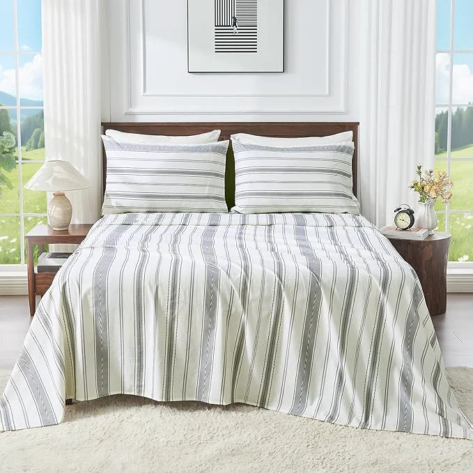 Selected Linen Sheets King Size Breathable amp Durable 4-Piece Bed Flax Stripes Sheet Set Soft All-Season Bedding for Hot Sleepers 16 quot Deep Pocket Oeko-TEX （King Grey Stripes） Proven