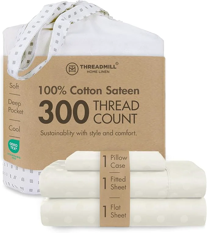 Unique Threadmill Cotton Twin XL Sheet Set Cotton Sheets for Twin XL Size Bed Damask Jacquard Sateen Twin XL Bed Sheets Set with 16 Deep Pocket Soft Breathable 3-Piece Cooling Sheet Set Ivory Outstanding